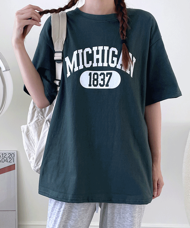 루즈핏 베이직 1837 미시건 레터링 오버핏 반팔 티셔츠 3COLOR